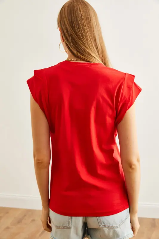 Woman Red Arm Detailed Cotton T-Shirt TSH-1900081 - 3