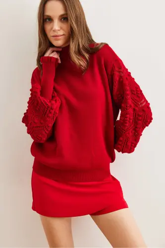 Woman Red Arm Detailed Soft Textured Knitted Sweater KZK-19000175-Red - 5