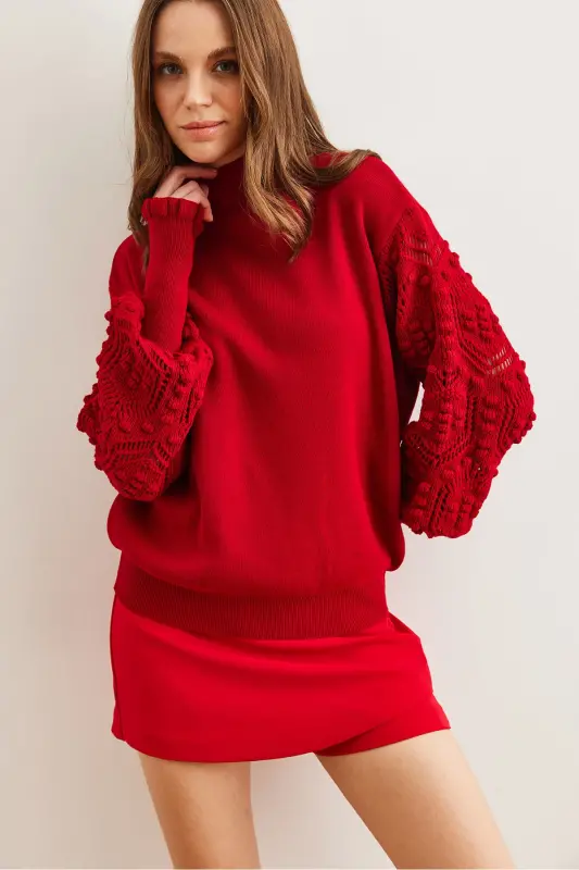 Woman Red Arm Detailed Soft Textured Knitted Sweater KZK-19000175-Red - 5