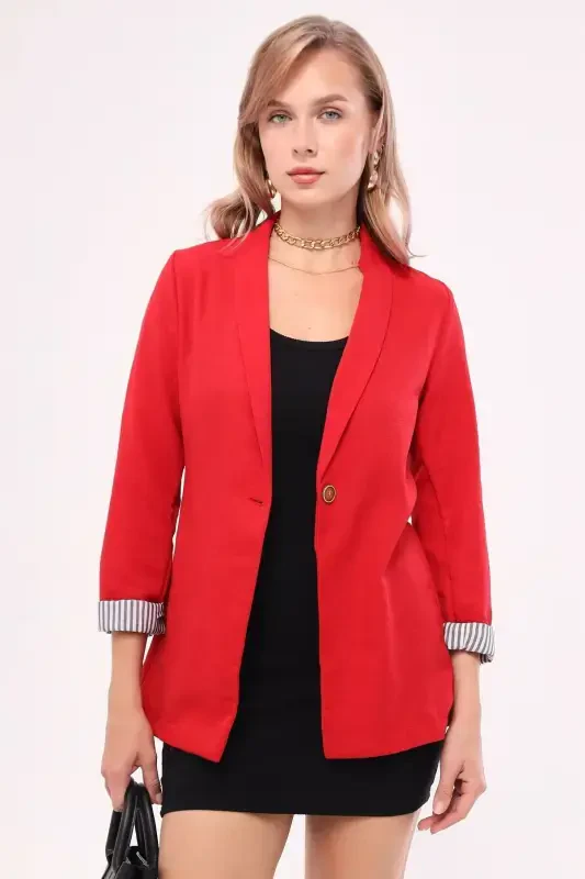 Woman Red Arm Lined Single Buttoned Jacket ARM-22K001122-Red - 2