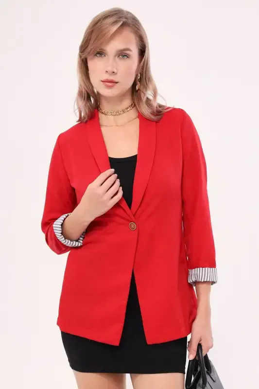 Woman Red Arm Lined Single Buttoned Jacket ARM-22K001122-Red - 4