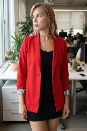 Woman Red Arm Lined Single Buttoned Jacket ARM-22K001122-Red - 7