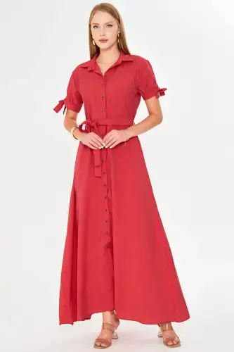 Woman Red Arm Tie Waist Belted Shirt Dress ARM-23Y001004-Red - 1