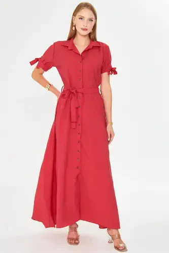 Woman Red Arm Tie Waist Belted Shirt Dress ARM-23Y001004-Red - ARMONIKA (1)
