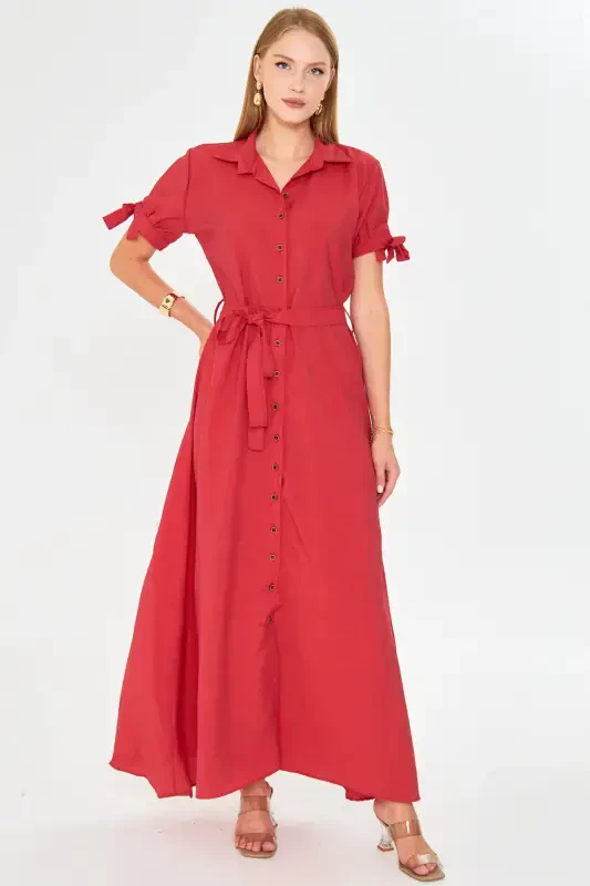 Woman Red Arm Tie Waist Belted Shirt Dress ARM-23Y001004-Red - 2