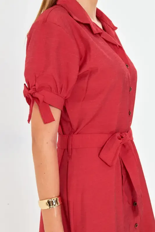 Woman Red Arm Tie Waist Belted Shirt Dress ARM-23Y001004-Red - 3