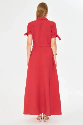 Woman Red Arm Tie Waist Belted Shirt Dress ARM-23Y001004-Red - 4