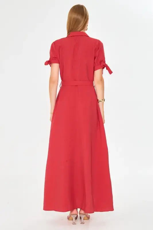 Woman Red Arm Tie Waist Belted Shirt Dress ARM-23Y001004-Red - 4