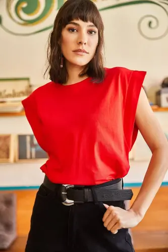 Woman Red Armpit Detail Bat T-Shirt TS - 5