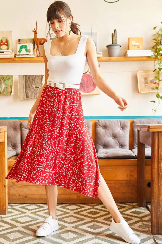 Woman Red Asymmetric Patterned Skirt ETK-19000122- - 1