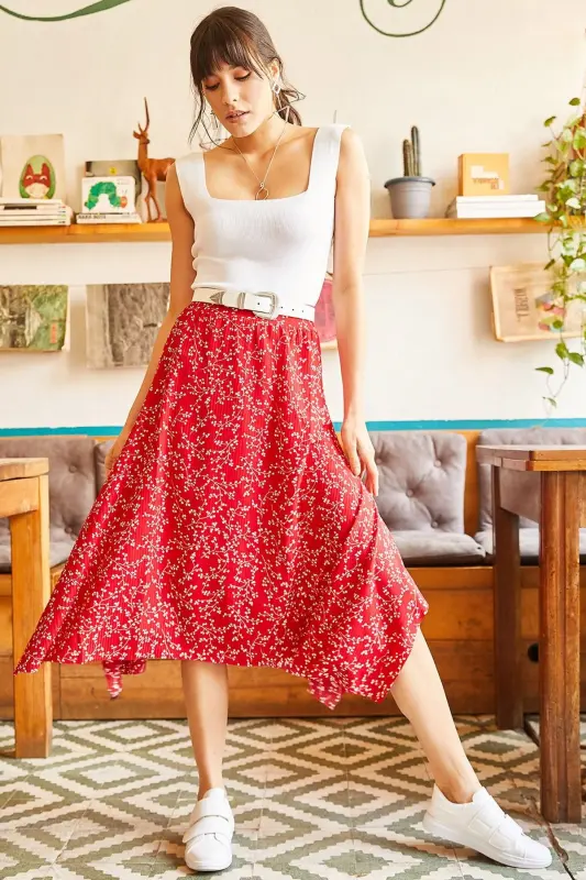 Woman Red Asymmetric Patterned Skirt ETK-19000122- - 2