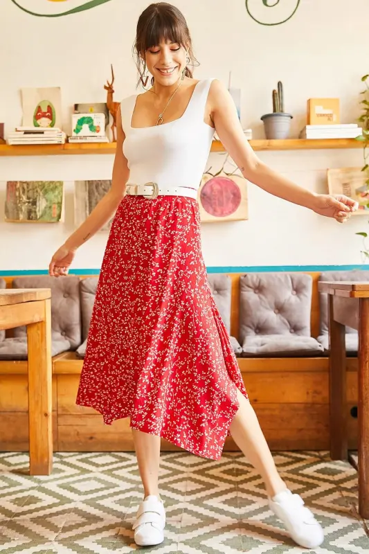 Woman Red Asymmetric Patterned Skirt ETK-19000122- - 3