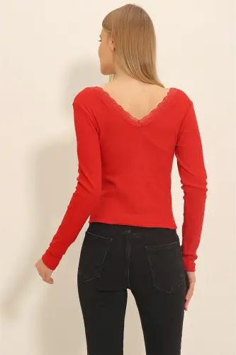 Woman Red Back Front V Neck Lace Detailed Blouse ALC-X11246-RED - 5
