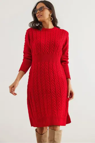 Woman Red Belted Slit Knitted Mini 