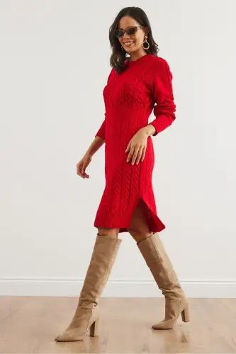 Woman Red Belted Slit Knitted Mini - OLALOOK (1)