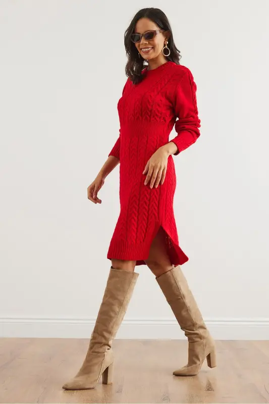 Woman Red Belted Slit Knitted Mini - 2
