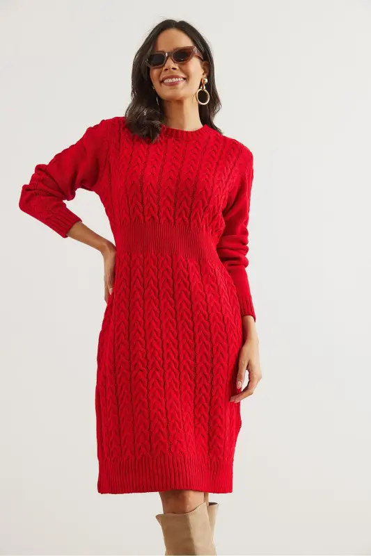 Woman Red Belted Slit Knitted Mini - 3