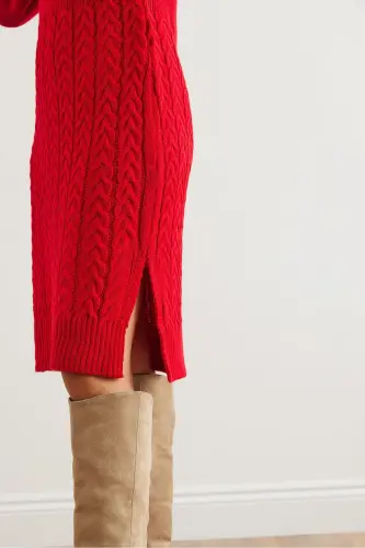 Woman Red Belted Slit Knitted Mini - 4