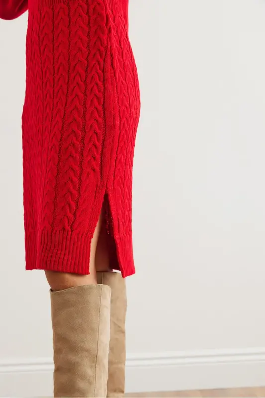 Woman Red Belted Slit Knitted Mini - 4