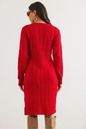 Woman Red Belted Slit Knitted Mini - 5