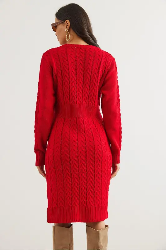 Woman Red Belted Slit Knitted Mini - 5