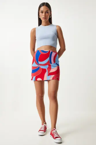 Woman Red Blue Patterned Mini Knitted Skirt FN03199-Red Blue - 1