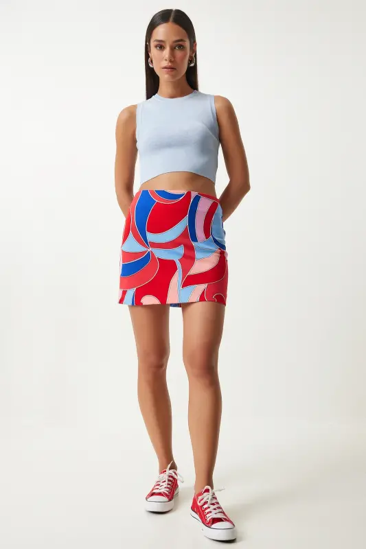 Woman Red Blue Patterned Mini Knitted Skirt FN03199-Red Blue - HAPPINESS İSTANBUL