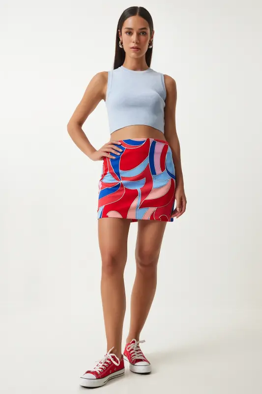 Woman Red Blue Patterned Mini Knitted Skirt FN03199-Red Blue - 2
