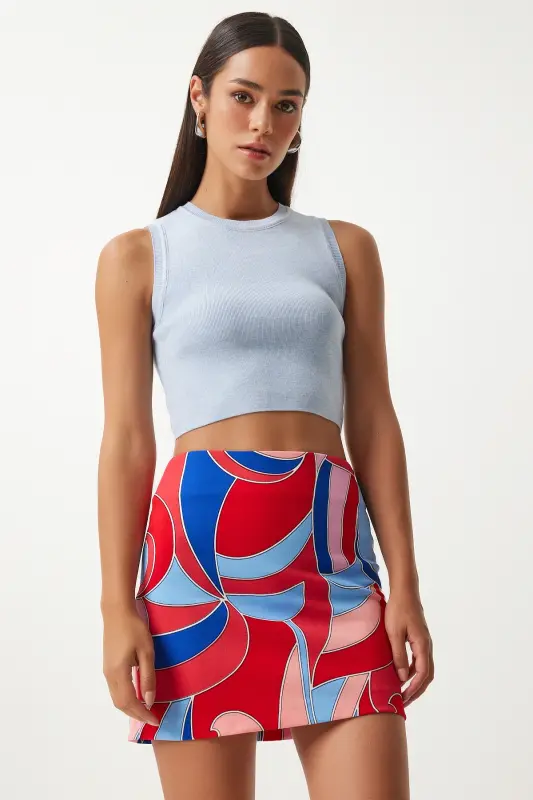 Woman Red Blue Patterned Mini Knitted Skirt FN03199-Red Blue - 3