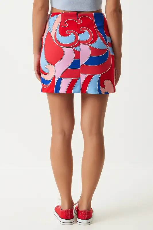 Woman Red Blue Patterned Mini Knitted Skirt FN03199-Red Blue - 6
