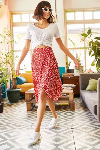 Woman Red Bud Wrap Skirt ETK-19000154-Red - 5