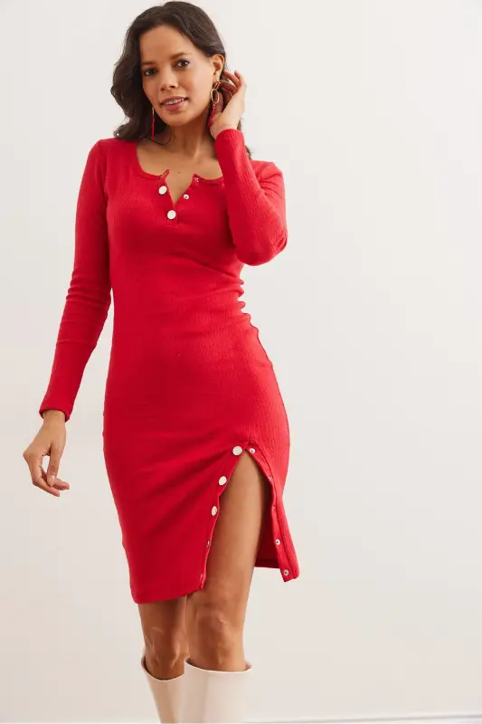 Woman Red Button Detailed Slit Plush Esn - 5