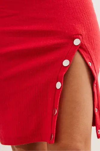 Woman Red Button Detailed Slit Plush Esn - 7
