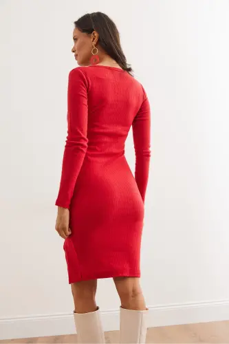 Woman Red Button Detailed Slit Plush Esn - 8