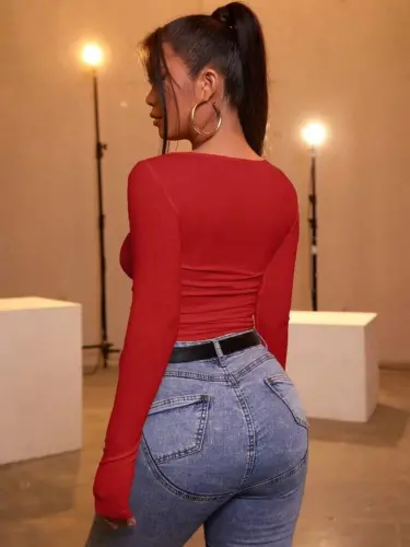 Woman Red Corset Fabric Blouse - 5