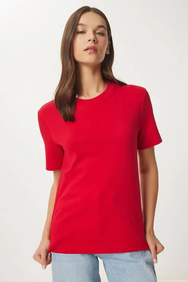 Woman Red Cotton Basic Knitted T-Shirt AG00001 - 3
