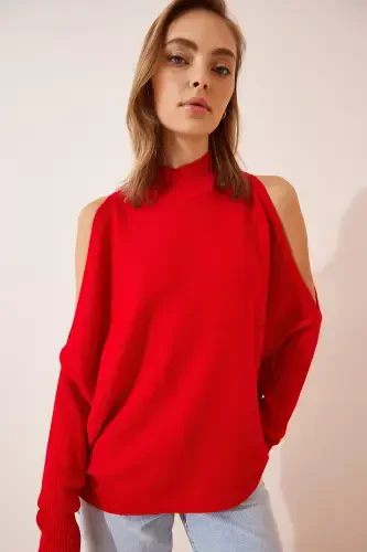 Woman Red Cut Out Detailed Oversize Knitted Sweater AS00015-Red - HAPPINESS İSTANBUL (1)