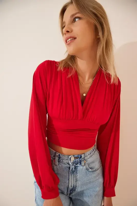 Woman Red Deep V Neck Crop Sandy Knitted BF00050-Red - HAPPINESS İSTANBUL