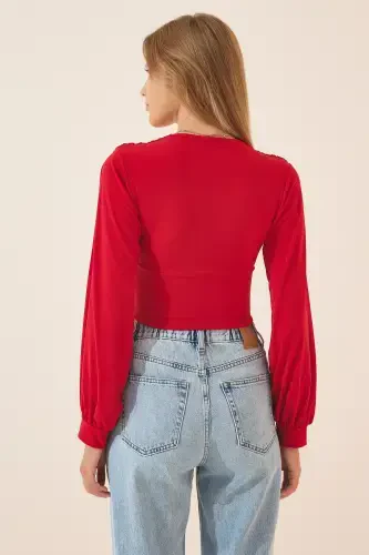 Woman Red Deep V Neck Crop Sandy Knitted BF00050-Red - 4