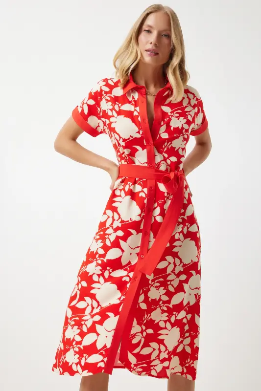 Woman Red Floral Summer Thin Viscose Dress DD01311-Red - 2