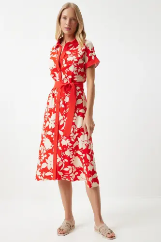 Woman Red Floral Summer Thin Viscose Dress DD01311-Red - 5