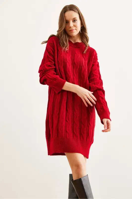 Woman Red Hair Braided Knitted Tunic Dress ELB-19 - 9