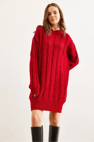 Woman Red Hair Braided Knitted Tunic Dress ELB-19 - 4