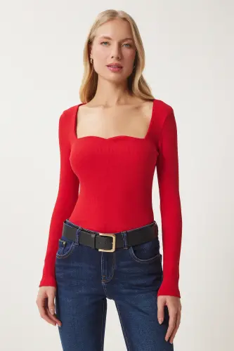 Woman Red Heart Collar Ribbed Knit Blouse GT00100-Red - 3