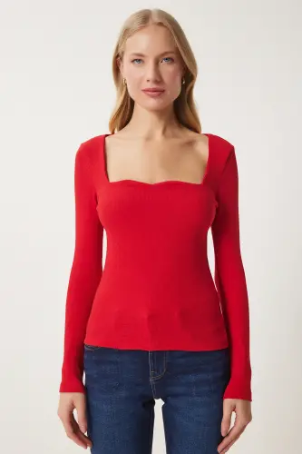 Woman Red Heart Collar Ribbed Knit Blouse GT00100-Red - 4