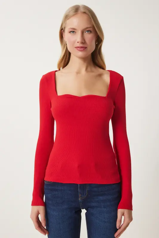 Woman Red Heart Collar Ribbed Knit Blouse GT00100-Red - 4