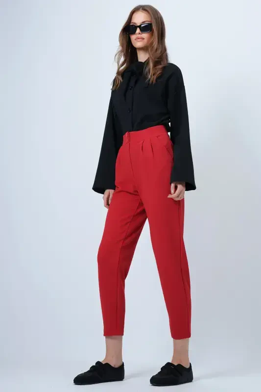 Woman Red High Waist Carrot Trousers ALC-X11148 - 3