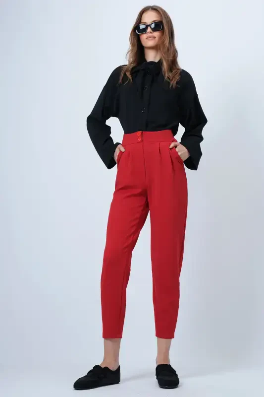 Woman Red High Waist Carrot Trousers ALC-X11148 - 4