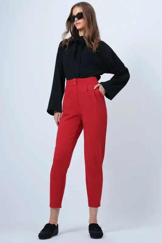 Woman Red High Waist Carrot Trousers ALC-X11148 - 5