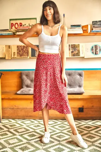 Woman Red Mini Daisy Wrap Skirt ETK-19000 - 3